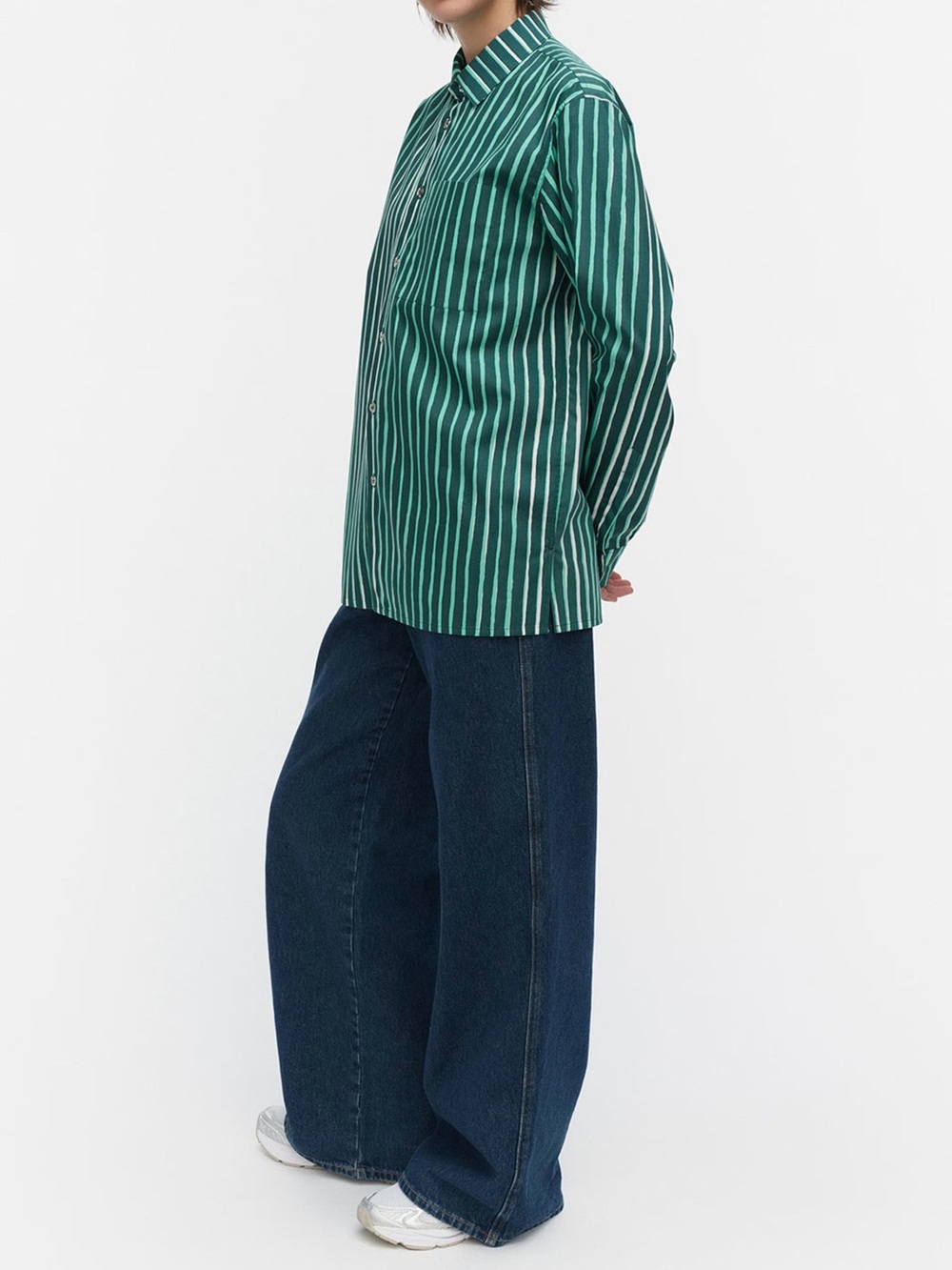 Marimekko Jokapoika Unisex Kioski Cotton Shirt - Green and Navy Stripe
